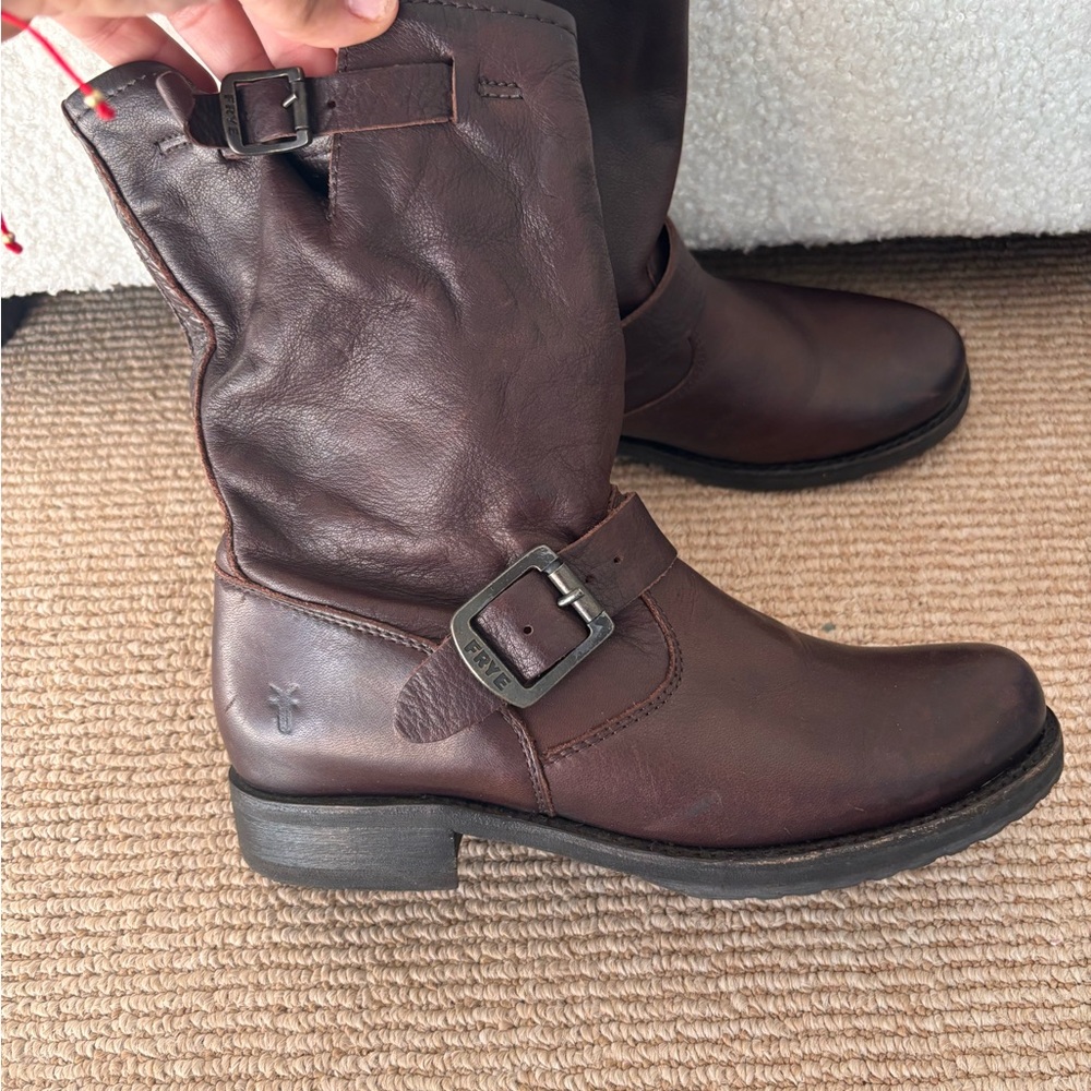 Frye Brown Combat Moto Boots with Buckle Detail